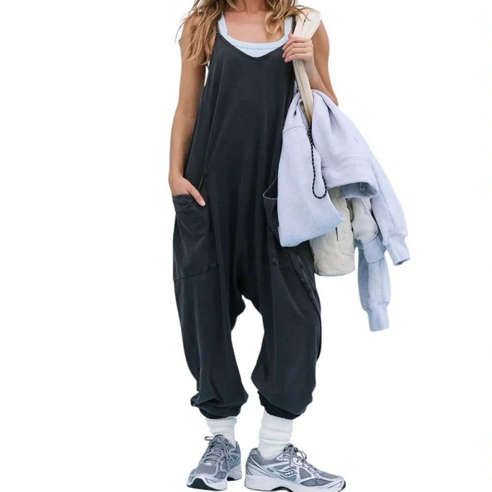 Free People Movement Hot Shot black jumpsuit oversized racerback pockets small - Picture 6 of 7